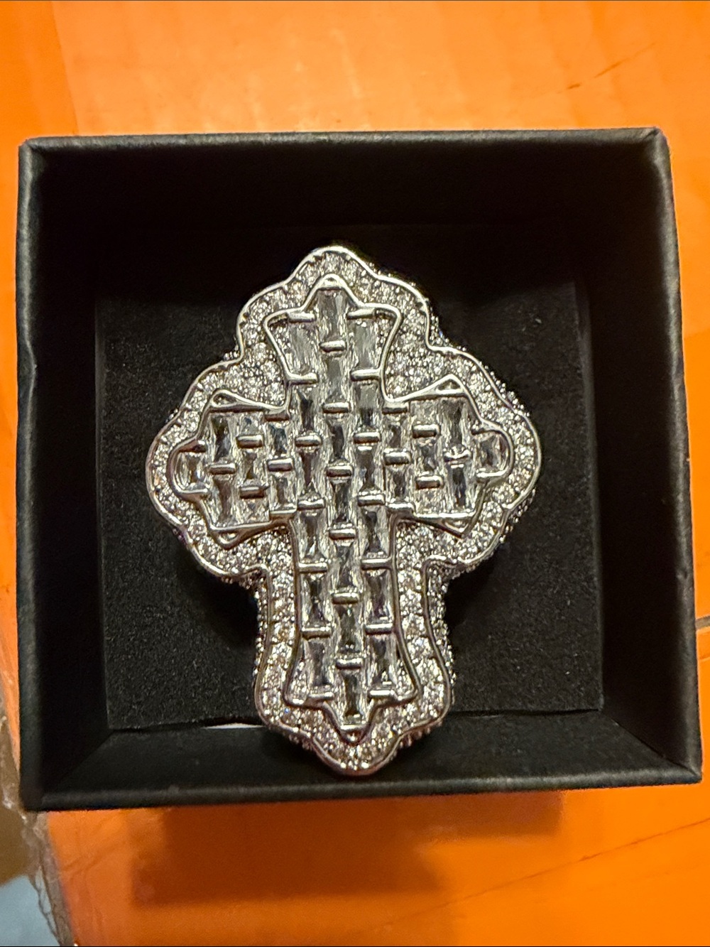 Silver Crystal Cross Ring with Woven Detail